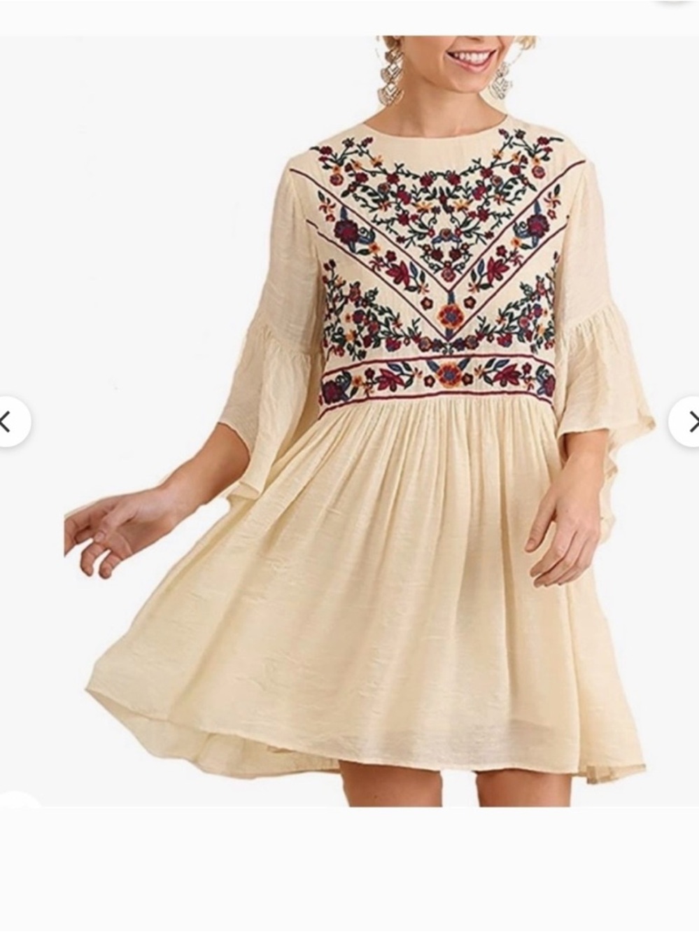 Umgee Cream Embroidered Boho Dress Floral Flare Sleeve Babydoll Medium